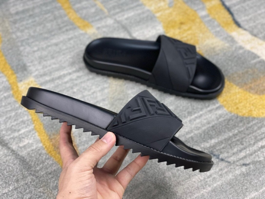 Fendi FF Slides Black On Black Leather - Afbeelding 4