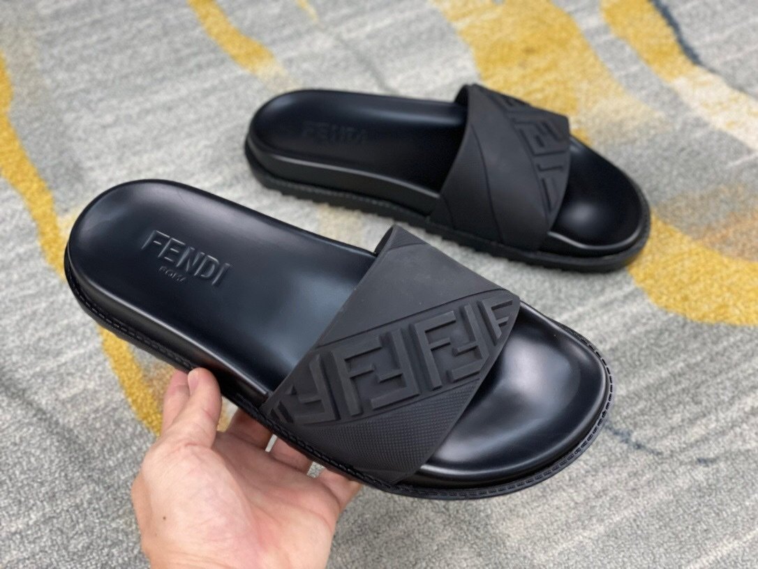 Fendi FF Slides Black On Black Leather - Afbeelding 5
