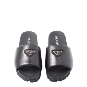 Prada Triangle Logo Middle Black Leather Slippers