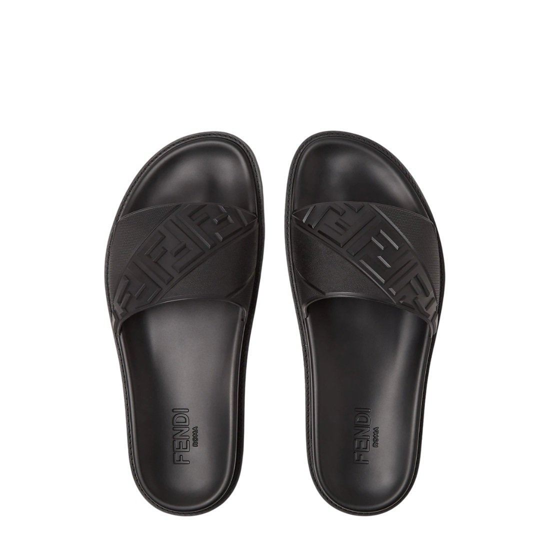 Fendi FF Slides Black On Black Leather